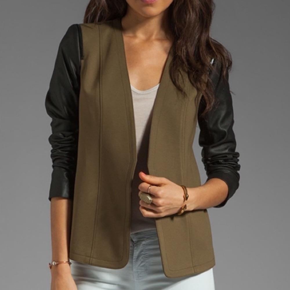 Theory Yaisa Pryor Leather Sleeve Blazer Jacket Olive Green & Black Large - Picture 1 of 16